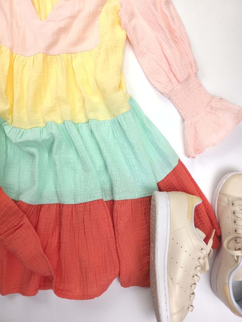 New Tuckernuck Pomander Place Colorblock Tiered Dress Pink Yellow Mint Red Sz S - Picture 11 of 13